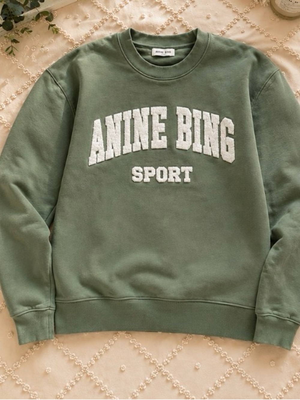 Anine Bing Olive Green Chenille Logo Crew Sweatshirt
